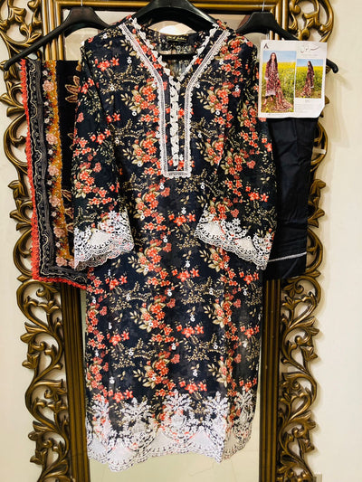 Adan's Libas Sarson Stitched 3 Pc Embroidered Lawn Suit D-05 French Black - Summer Collection D & M COLLECTION AND NIZAMI JEWELRY