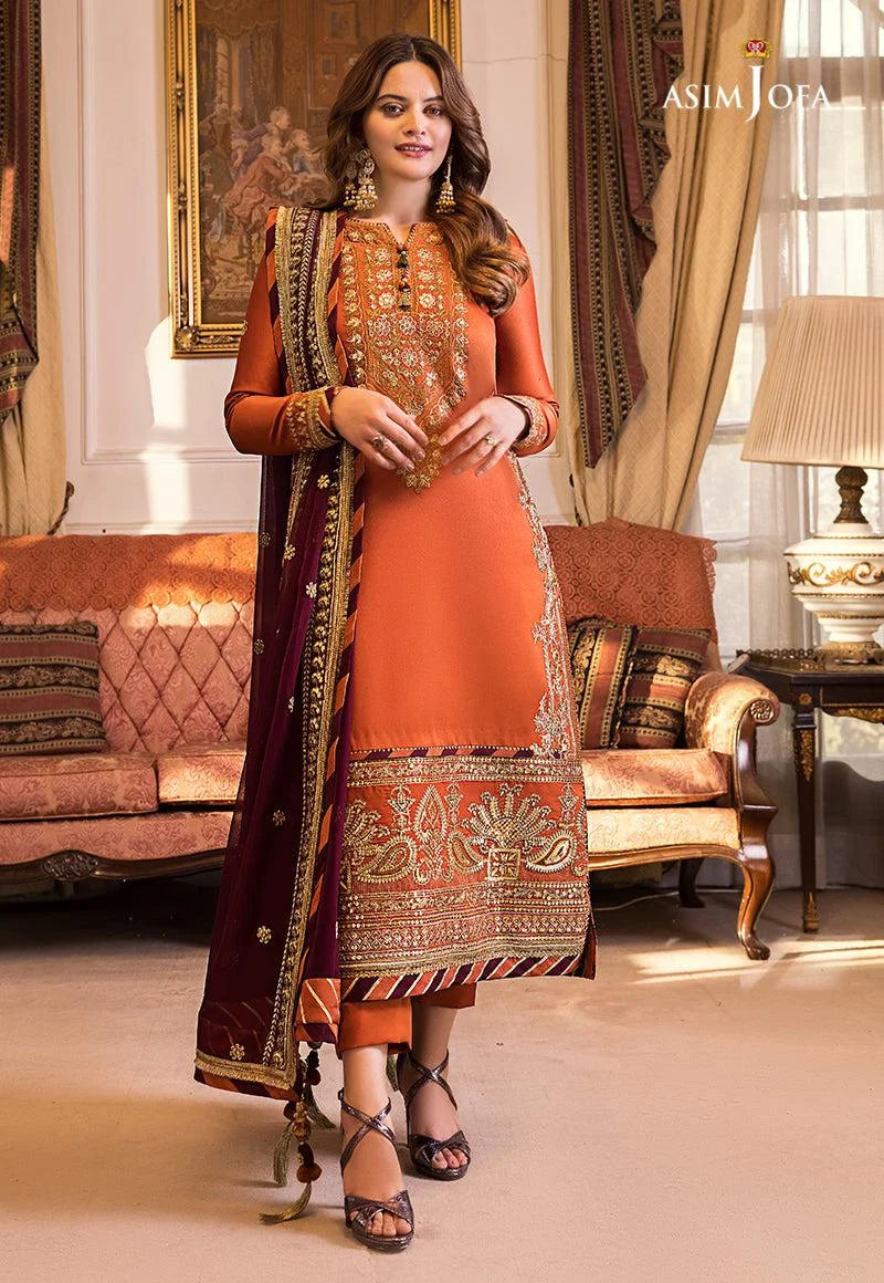 Asim Jofa | Maahru and Noori Collection’23 Stitched 3 Pc Embroidered Silk Suit | AJSM-12- Festive Collection D & M COLLECTION AND NIZAMI JEWELRY