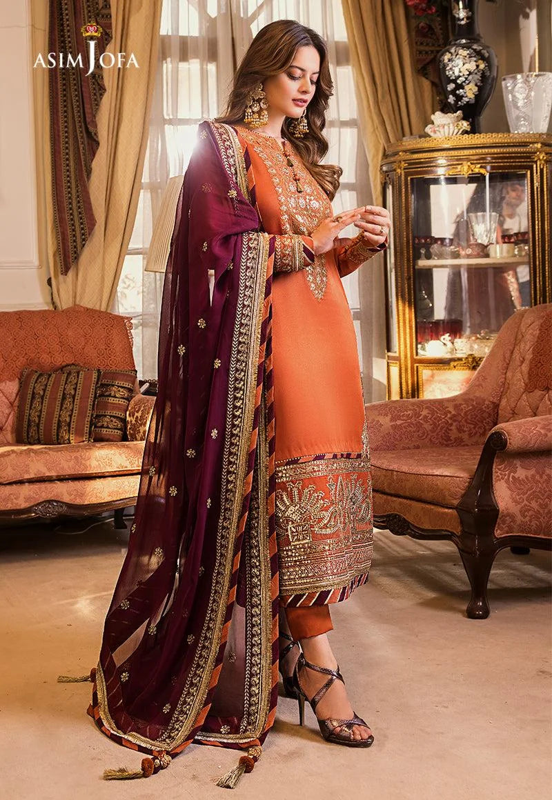 Asim Jofa | Maahru and Noori Collection’23 Stitched 3 Pc Embroidered Silk Suit | AJSM-12- Festive Collection D & M COLLECTION AND NIZAMI JEWELRY