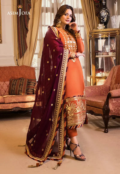 Asim Jofa | Maahru and Noori Collection’23 Stitched 3 Pc Embroidered Silk Suit | AJSM-12- Festive Collection D & M COLLECTION AND NIZAMI JEWELRY