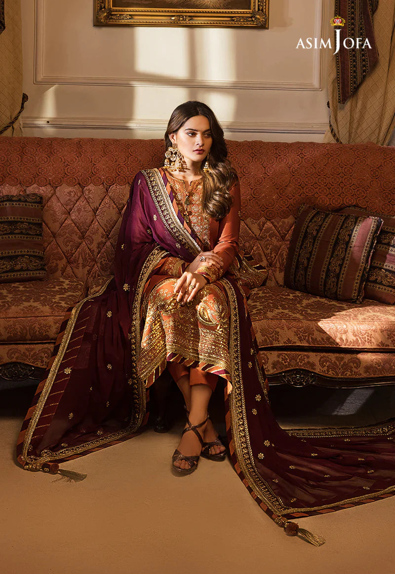 Asim Jofa | Maahru and Noori Collection’23 Stitched 3 Pc Embroidered Silk Suit | AJSM-12- Festive Collection D & M COLLECTION AND NIZAMI JEWELRY