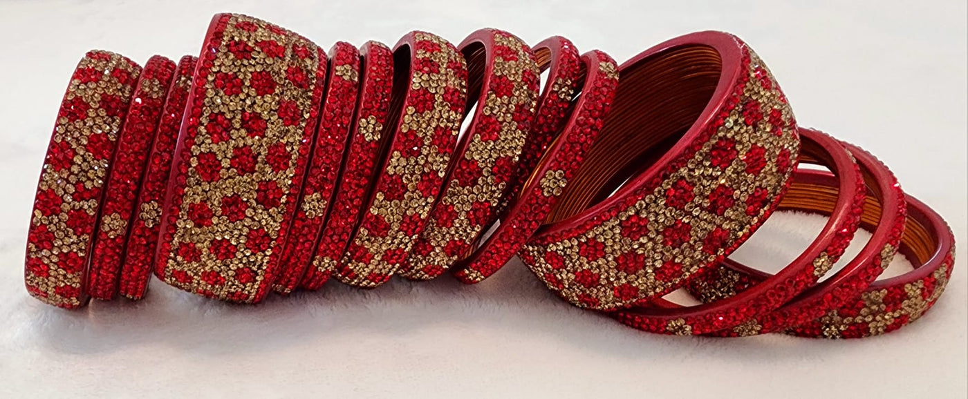 Bangles - Hyderabadi Traditional Stone Studed Bangles S-53 Red Golden D & M COLLECTION AND NIZAMI JEWELRY