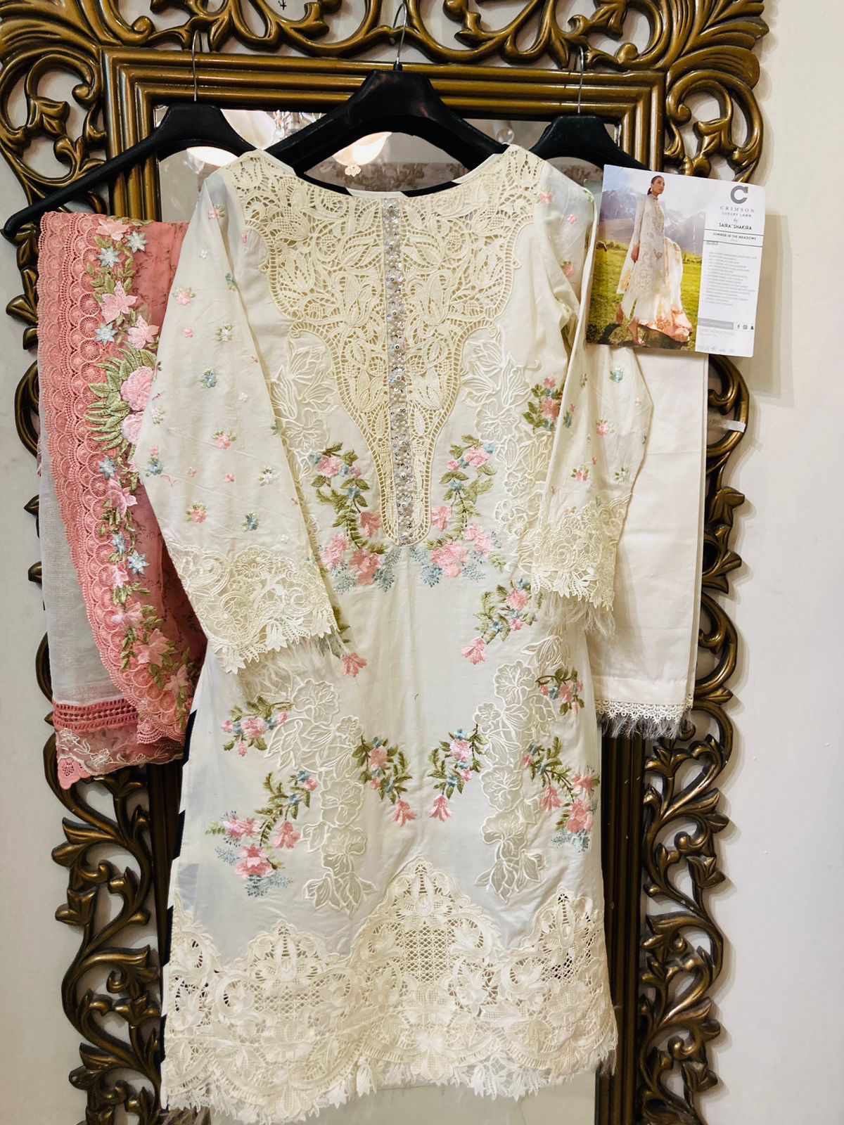 Crimson Stitched 3 Pc Embroidered Lawn Suit 1A-Ivory - Summer Collection D & M COLLECTION AND NIZAMI JEWELRY