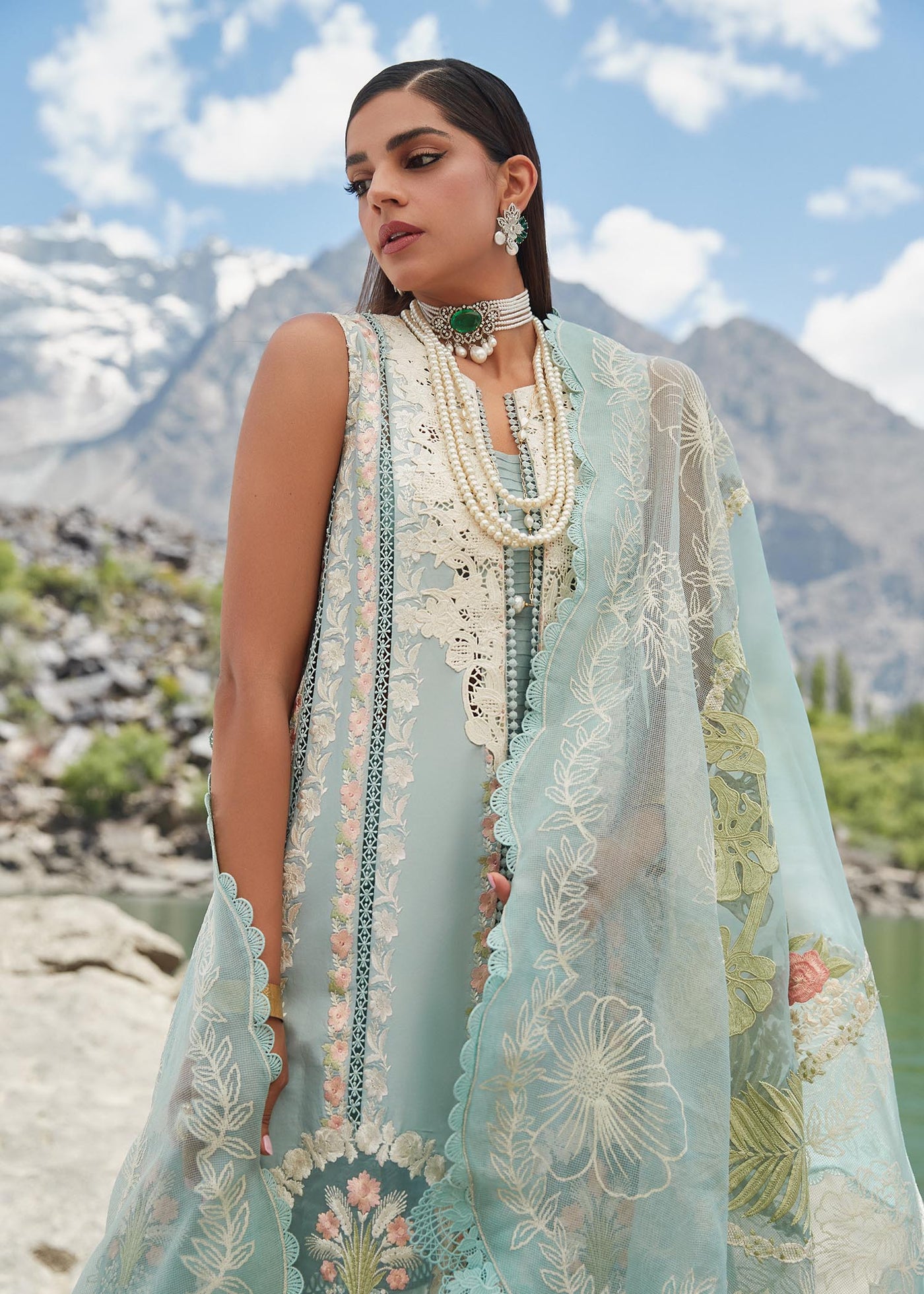 Crimson Unstitched 3 Piece Embroidered Lawn Suit 2A-Aqua - Summer Collection D & M COLLECTION AND NIZAMI JEWELRY