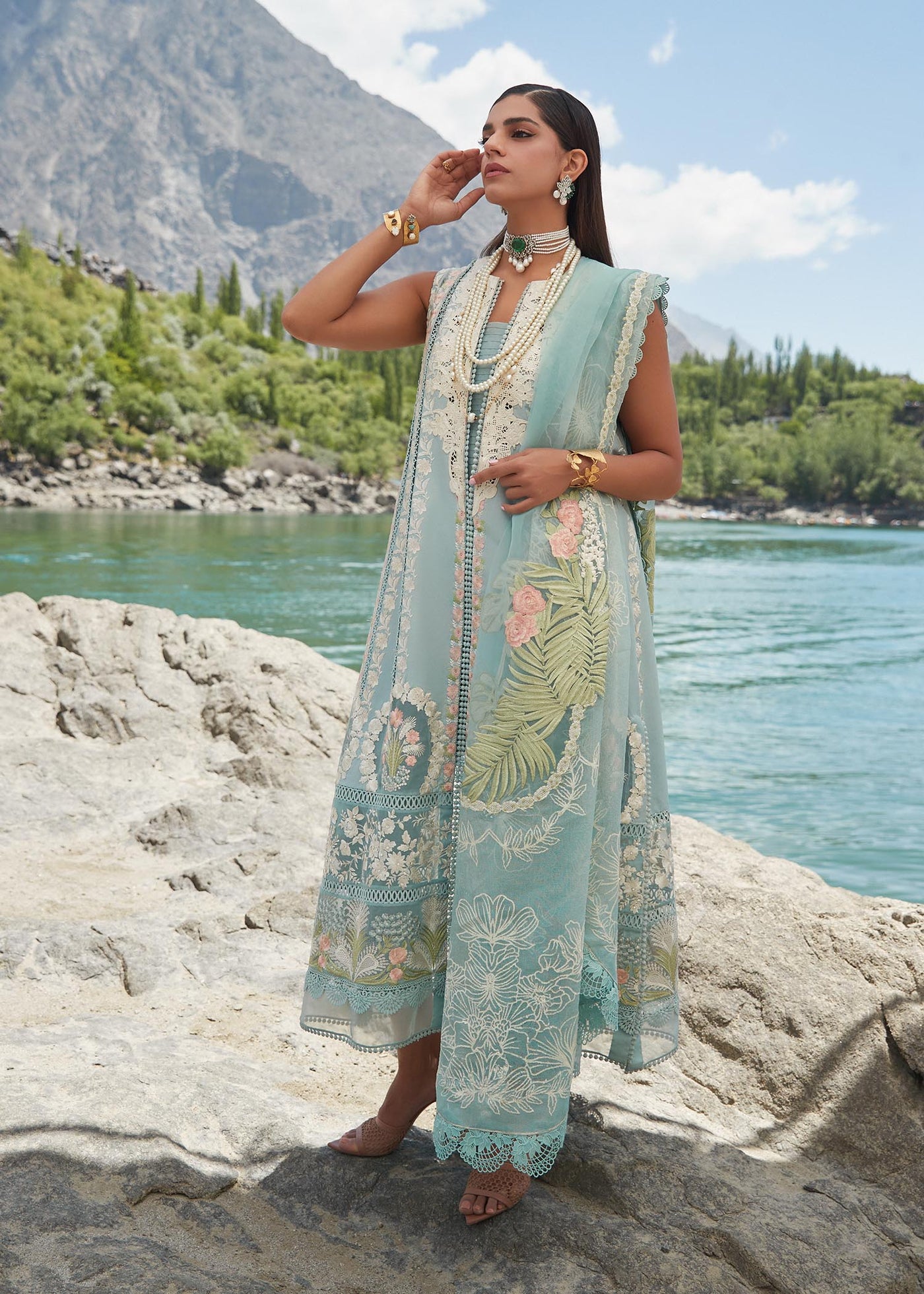 Crimson Unstitched 3 Piece Embroidered Lawn Suit 2A-Aqua - Summer Collection D & M COLLECTION AND NIZAMI JEWELRY