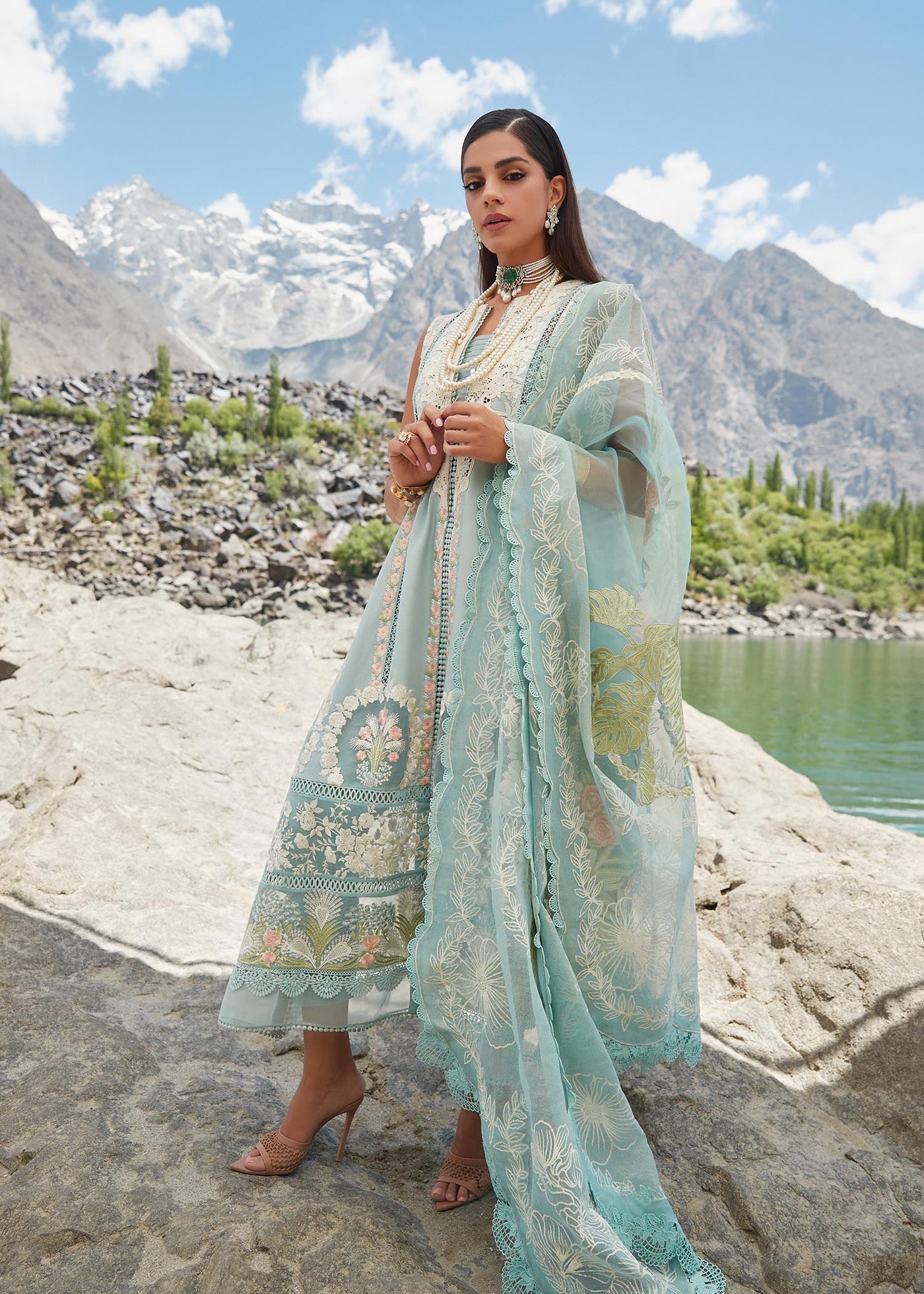 Crimson Unstitched 3 Piece Embroidered Lawn Suit 2A-Aqua - Summer Collection D & M COLLECTION AND NIZAMI JEWELRY