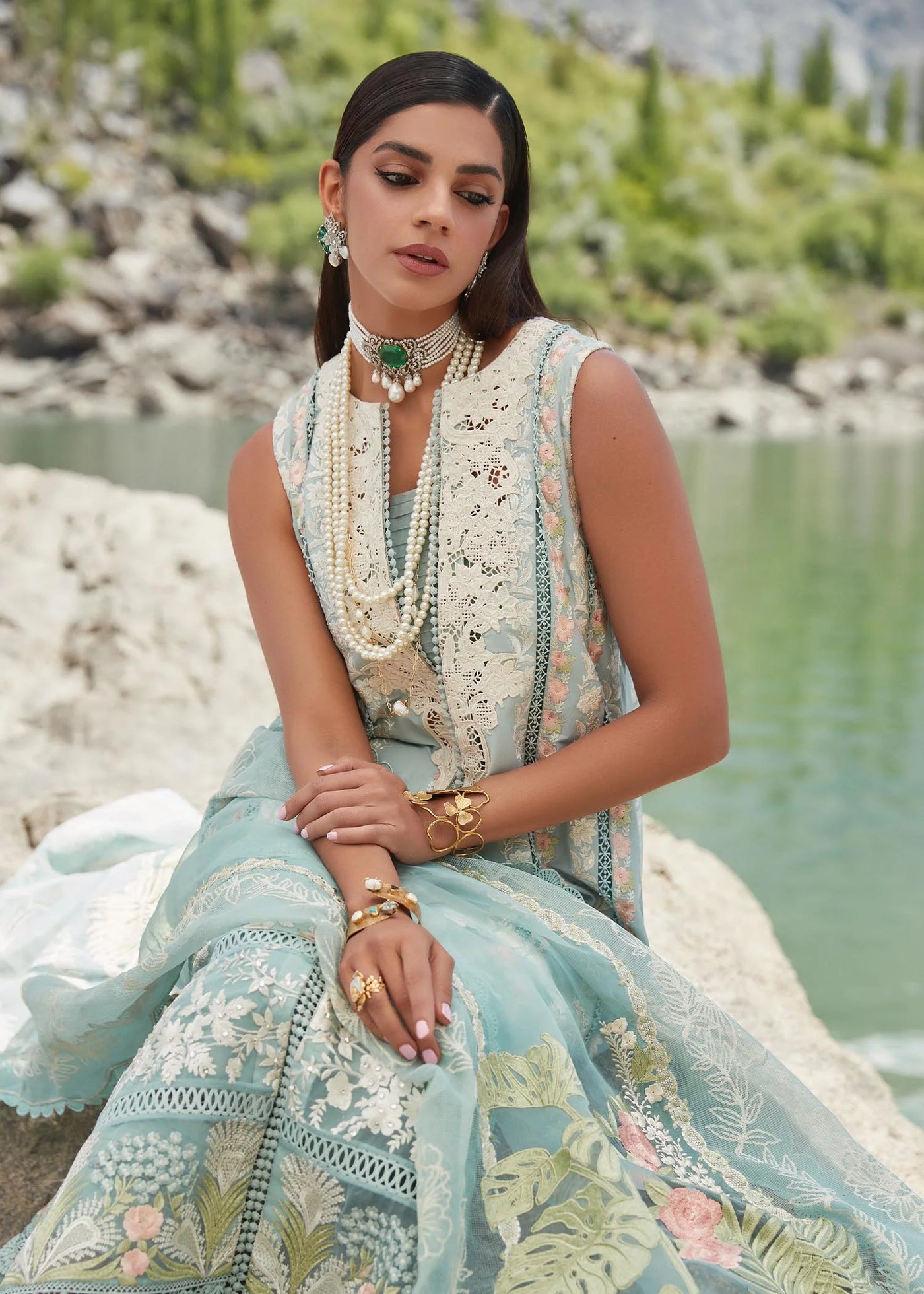 Crimson Unstitched 3 Piece Embroidered Lawn Suit 2A-Aqua - Summer Collection D & M COLLECTION AND NIZAMI JEWELRY