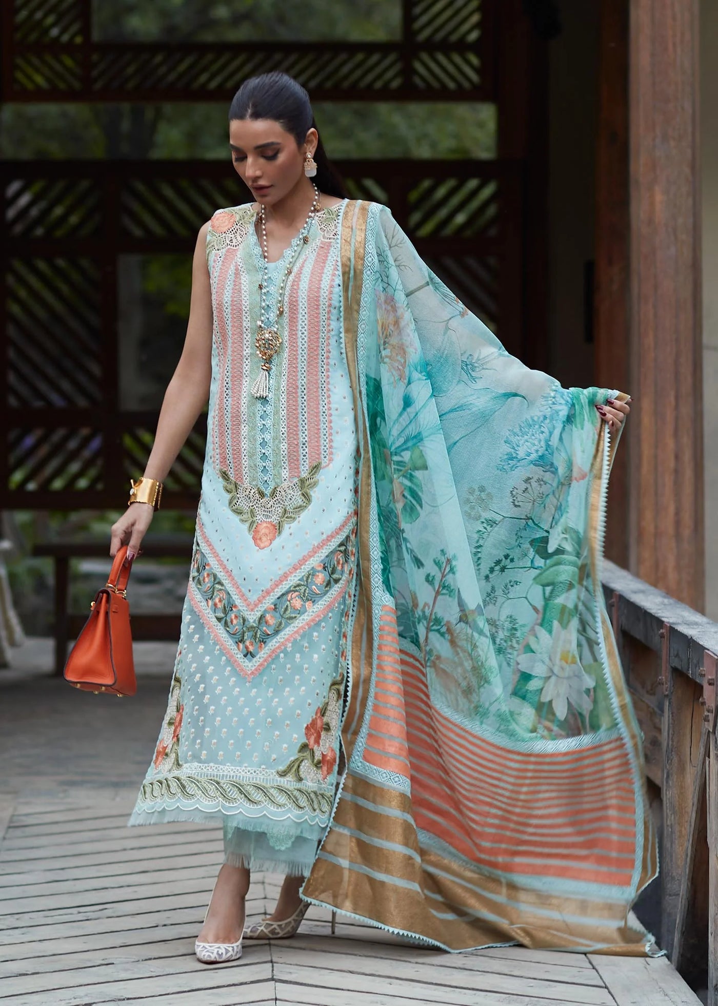 Crimson Unstitched 3 Piece Embroidered Lawn Suit 5B-Turquoise - Summer Collection D & M COLLECTION AND NIZAMI JEWELRY