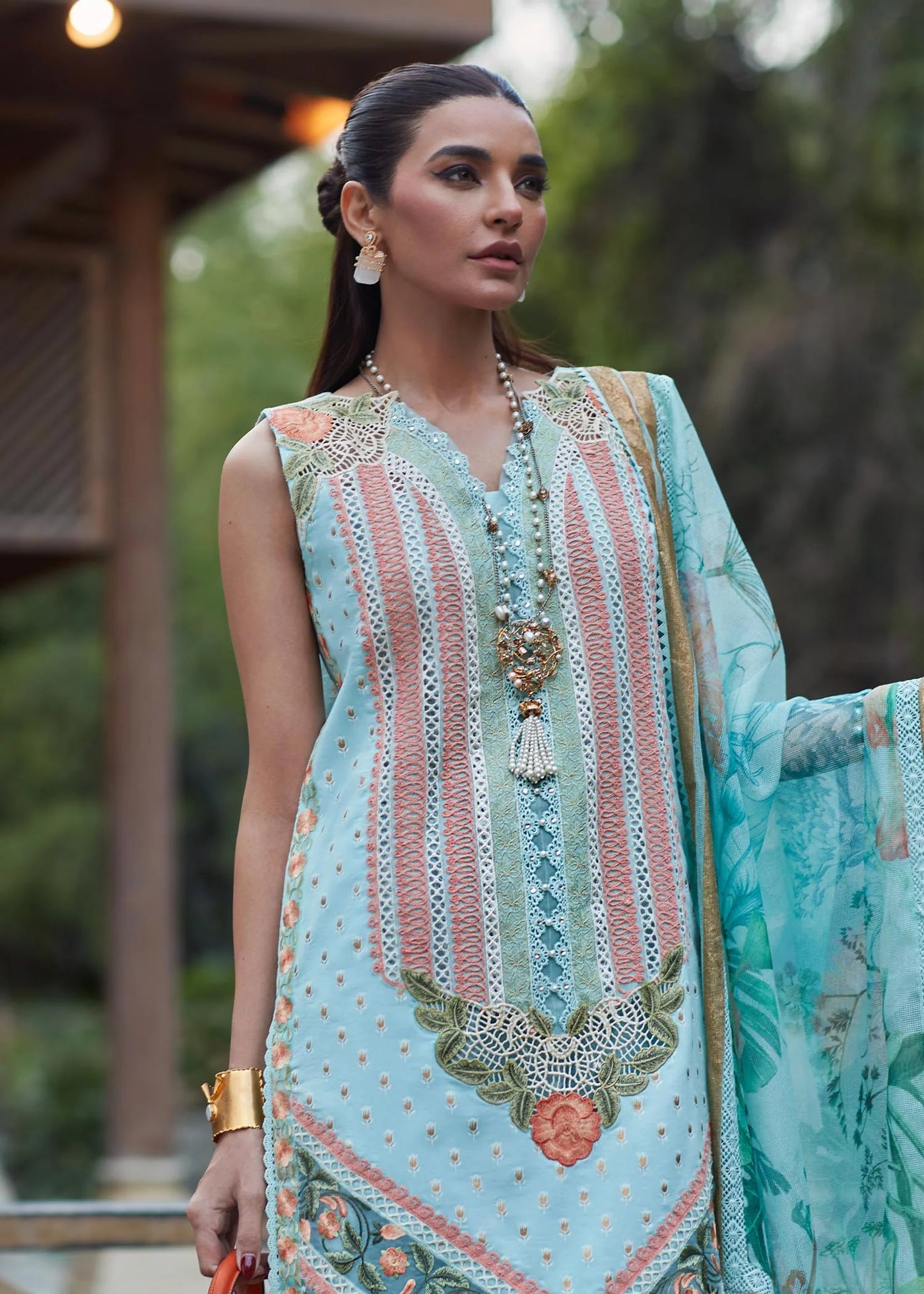 Crimson Unstitched 3 Piece Embroidered Lawn Suit 5B-Turquoise - Summer Collection D & M COLLECTION AND NIZAMI JEWELRY