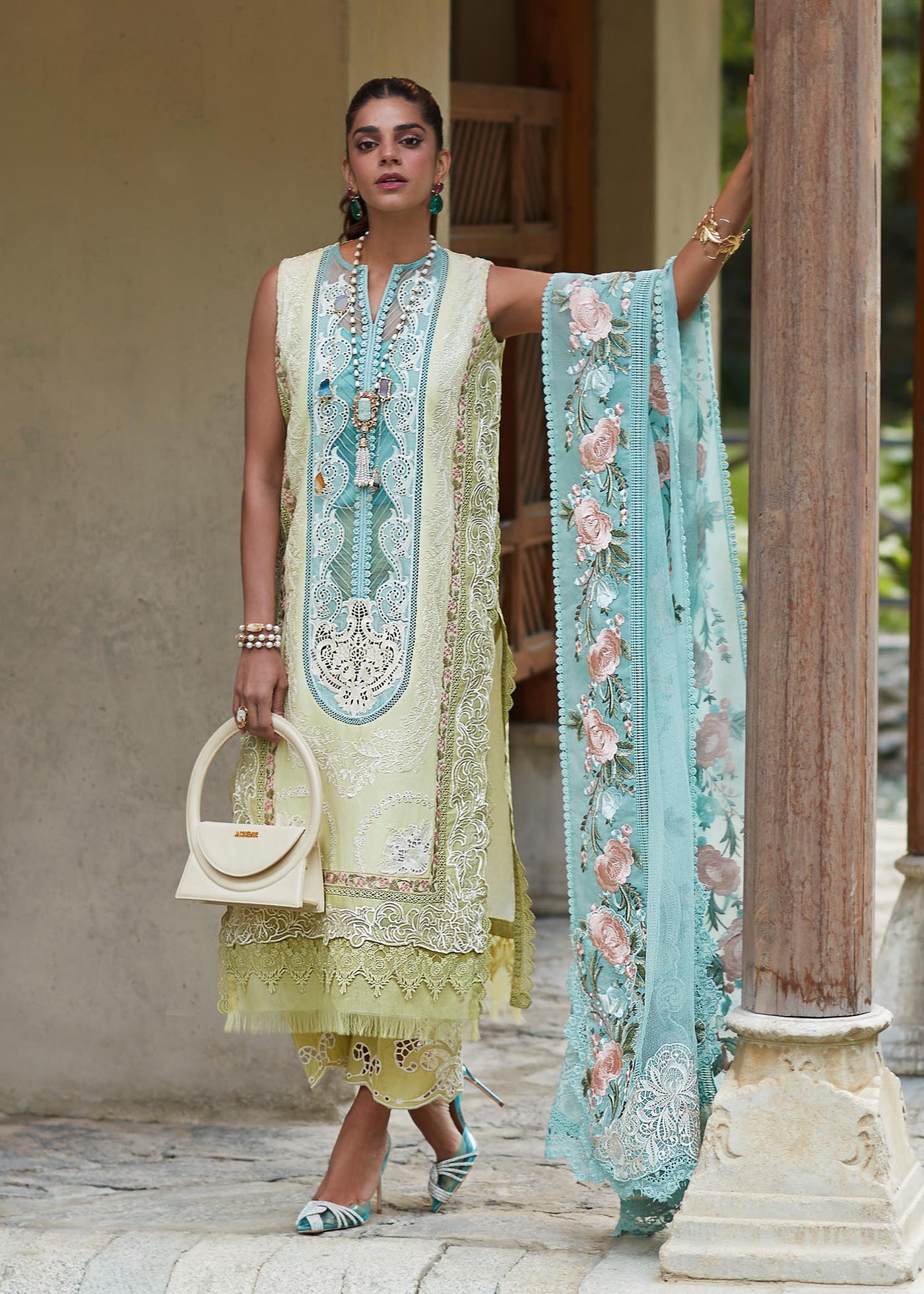 Crimson Unstitched 3 Piece Embroidered Lawn Suit 6A-Lime - Summer Collection D & M COLLECTION AND NIZAMI JEWELRY