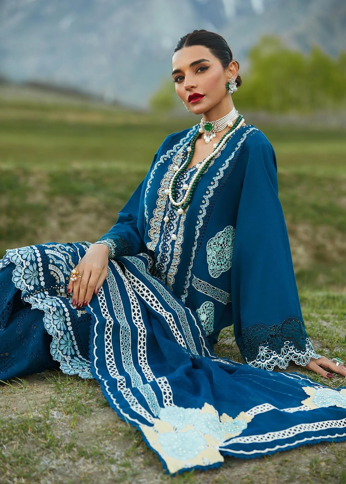 Crimson Unstitched 3 Piece Embroidered Lawn Suit 7A-Cobalt Blue- Summer Collection D & M COLLECTION AND NIZAMI JEWELRY