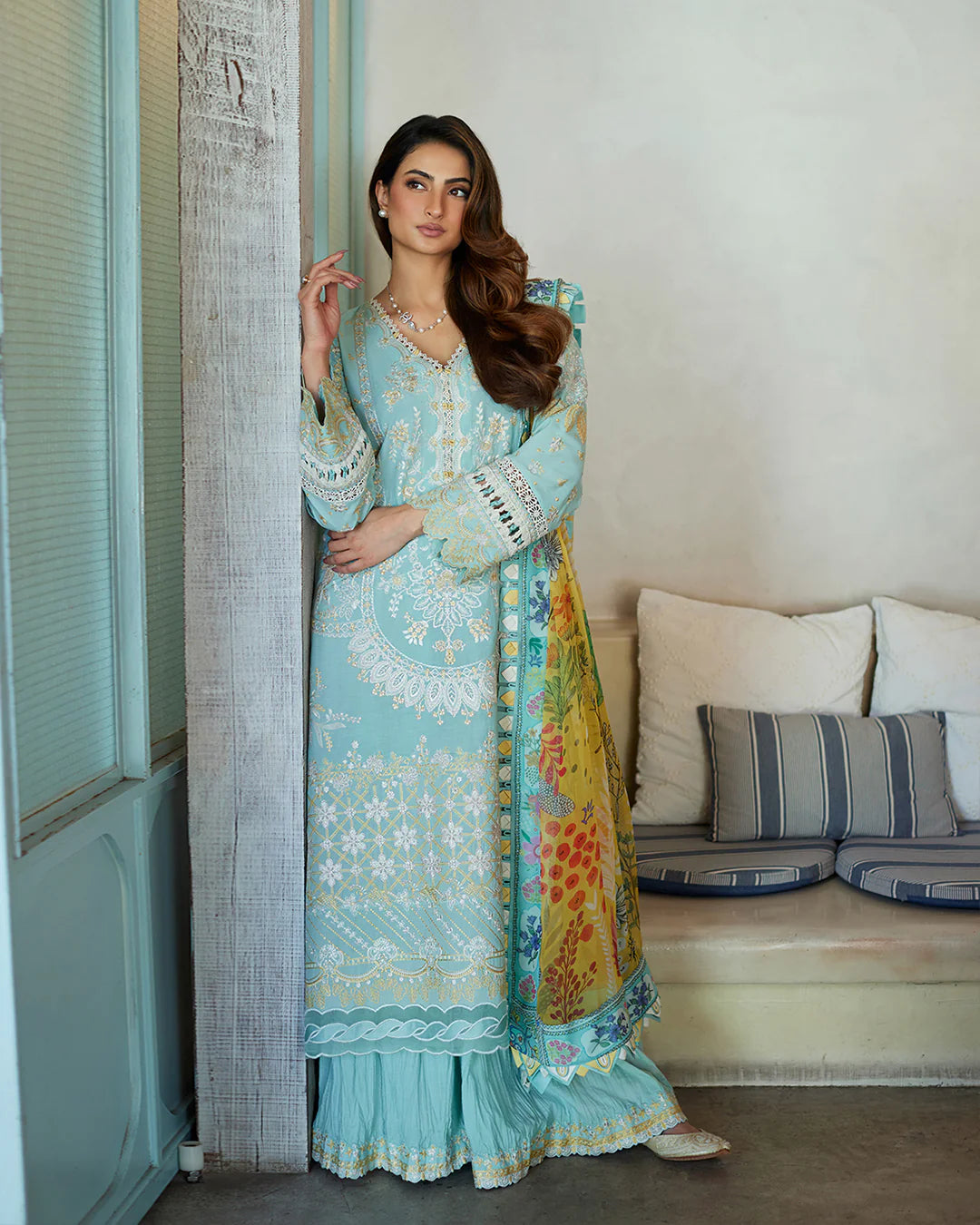 Faiza Saqlain Stitched 3 Piece Embroidered Lawn + Organza Suit - FSL24 - Galina - Eid Collection