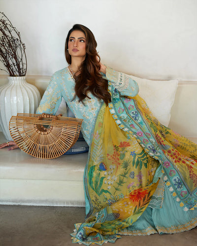 Faiza Saqlain Stitched 3 Piece Embroidered Lawn + Organza Suit - FSL24 - Galina - Eid Collection