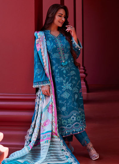 Suay by Farah Talib Aziz Stitched 3 Piece Embroidered Lawn Suit FTA24LU FTA 03 MOANNA TEAL - Luxury Collection