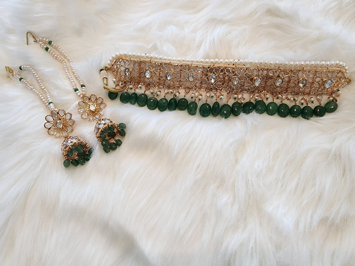 Hyderabadi Traditional Jadawi Lacha Made on 6 Carat Gold Real Emerald, Water Pearls and Polki come with Beautiful Karan Phool Jhumka S-19 D & M COLLECTION AND NIZAMI JEWELRY