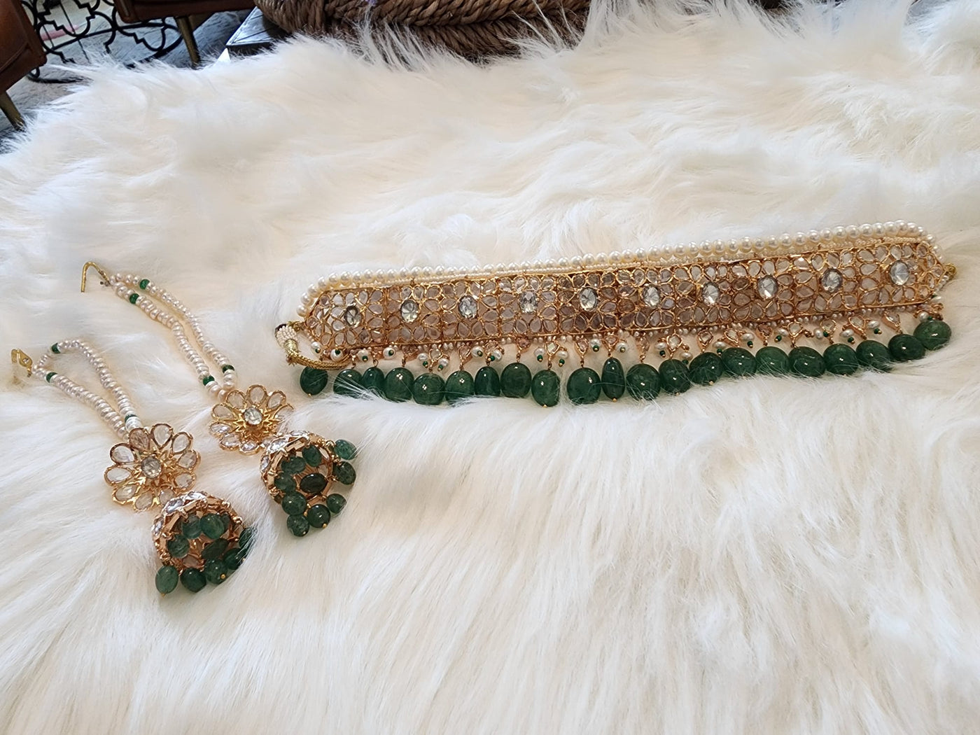 Hyderabadi Traditional Jadawi Lacha Made on 6 Carat Gold Real Emerald, Water Pearls and Polki come with Beautiful Karan Phool Jhumka S-19 D & M COLLECTION AND NIZAMI JEWELRY