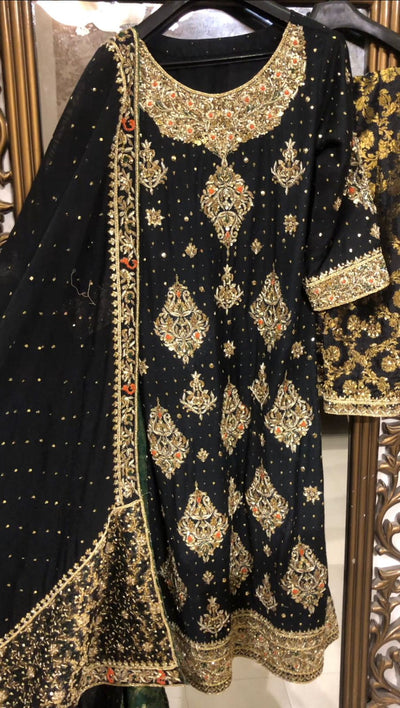 Stitched 3 Piece Black Hand-Embroidered Dabka, Zardosi, And Resham Work With a Heavy Dupatta - Luxury D&M Signature Eid Collection