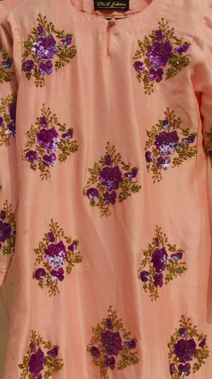 Stitched 3 Piece Beautiful Peach Silk Ensemble Adorned with Intricate Sequins Work - Peach - Luxury D&M Signature Eid Collection