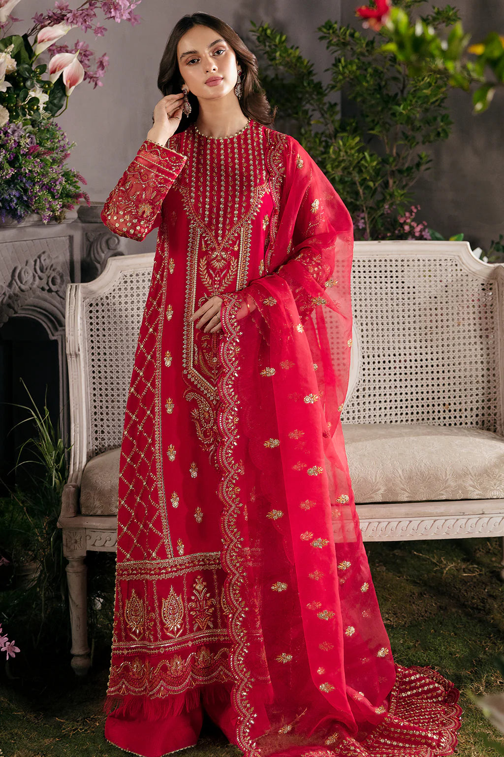 La Fuchsia By Afrozeh Unstitched 3 Piece Embroidered Chiffon Suit LFSAF23 ALF-23-V1-04 Carmine - Luxury Formal Collection