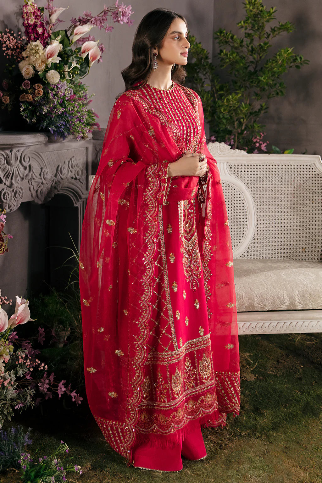 La Fuchsia By Afrozeh Unstitched 3 Piece Embroidered Chiffon Suit LFSAF23 ALF-23-V1-04 Carmine - Luxury Formal Collection