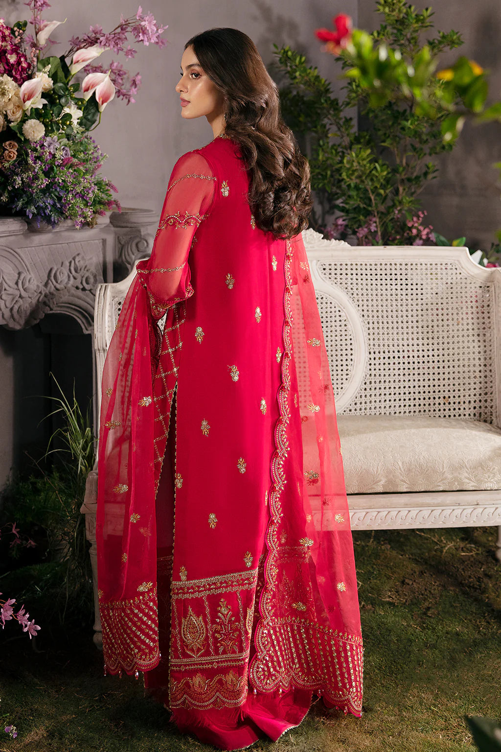 La Fuchsia By Afrozeh Unstitched 3 Piece Embroidered Chiffon Suit LFSAF23 ALF-23-V1-04 Carmine - Luxury Formal Collection