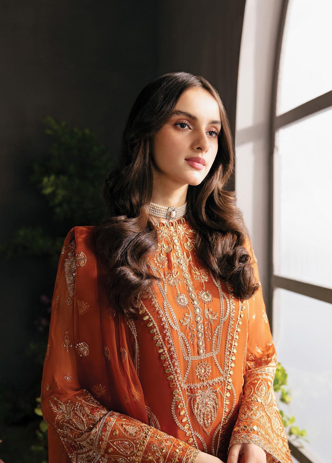 La Fuchsia By Afrozeh Unstitched 3 Piece Embroidered Chiffon Suit LFSAF23 ALF-23-V1-07 Russet - Luxury Formal Collection