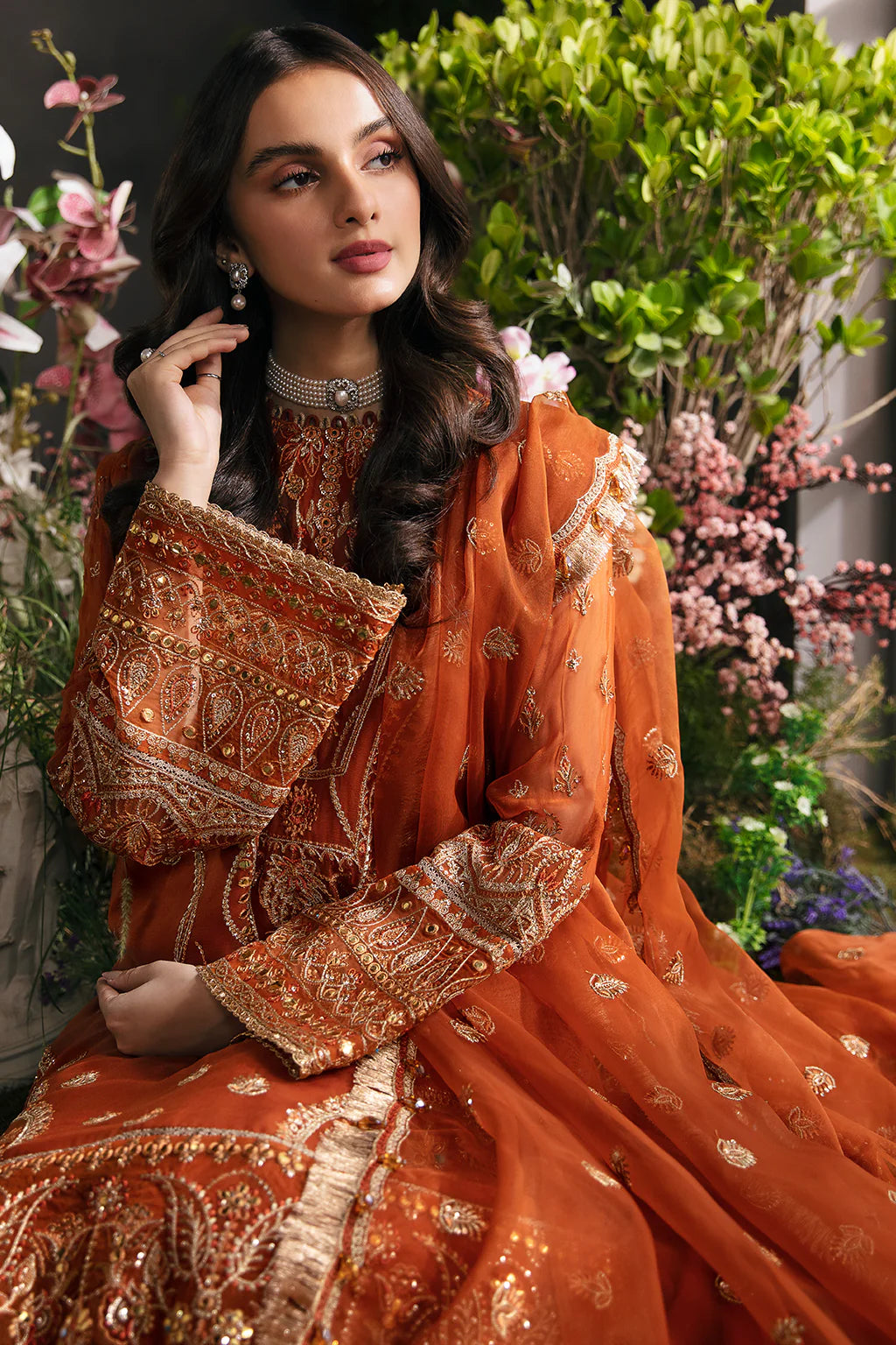 La Fuchsia By Afrozeh Unstitched 3 Piece Embroidered Chiffon Suit LFSAF23 ALF-23-V1-07 Russet - Luxury Formal Collection