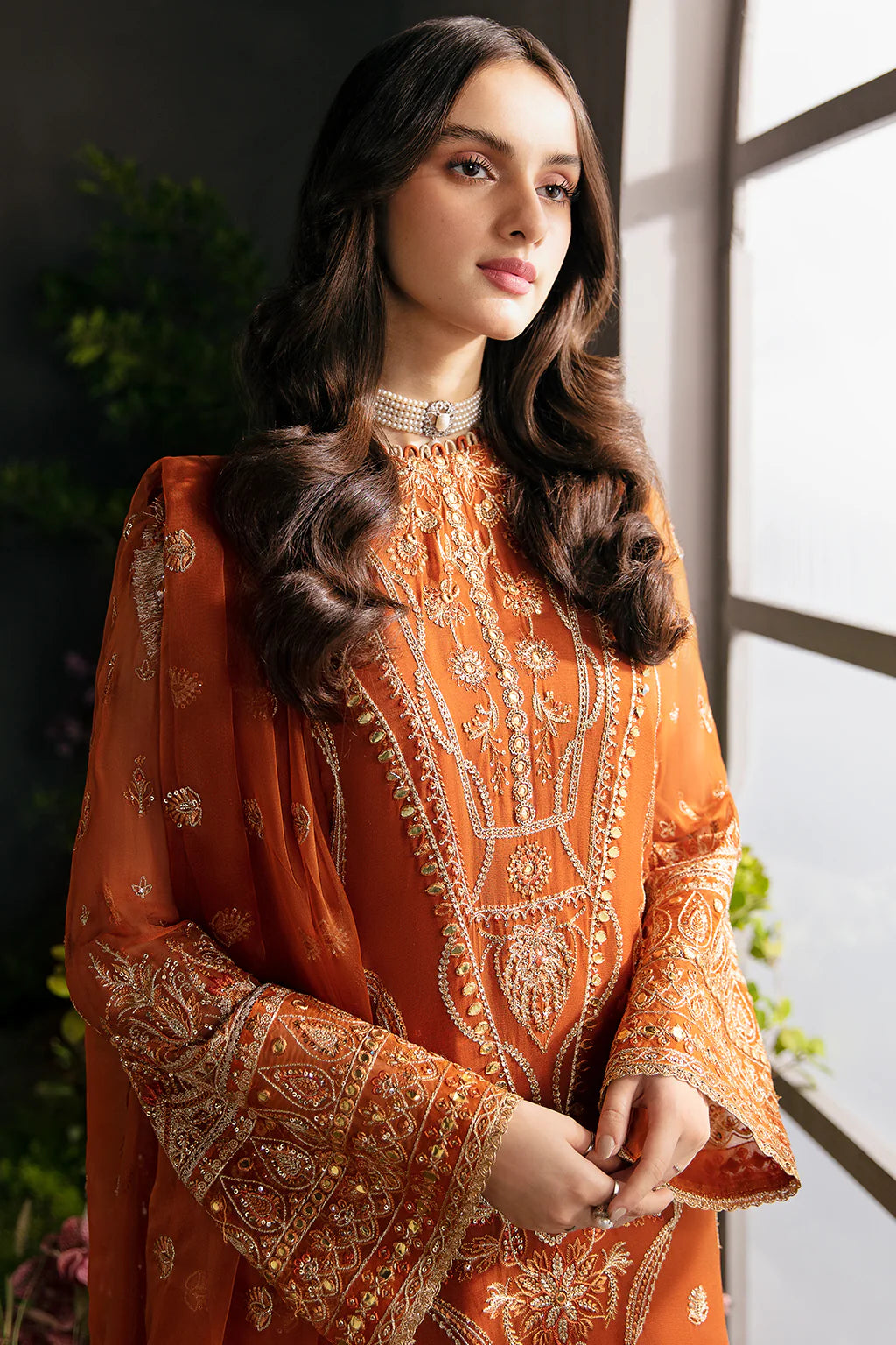 La Fuchsia By Afrozeh Unstitched 3 Piece Embroidered Chiffon Suit LFSAF23 ALF-23-V1-07 Russet - Luxury Formal Collection