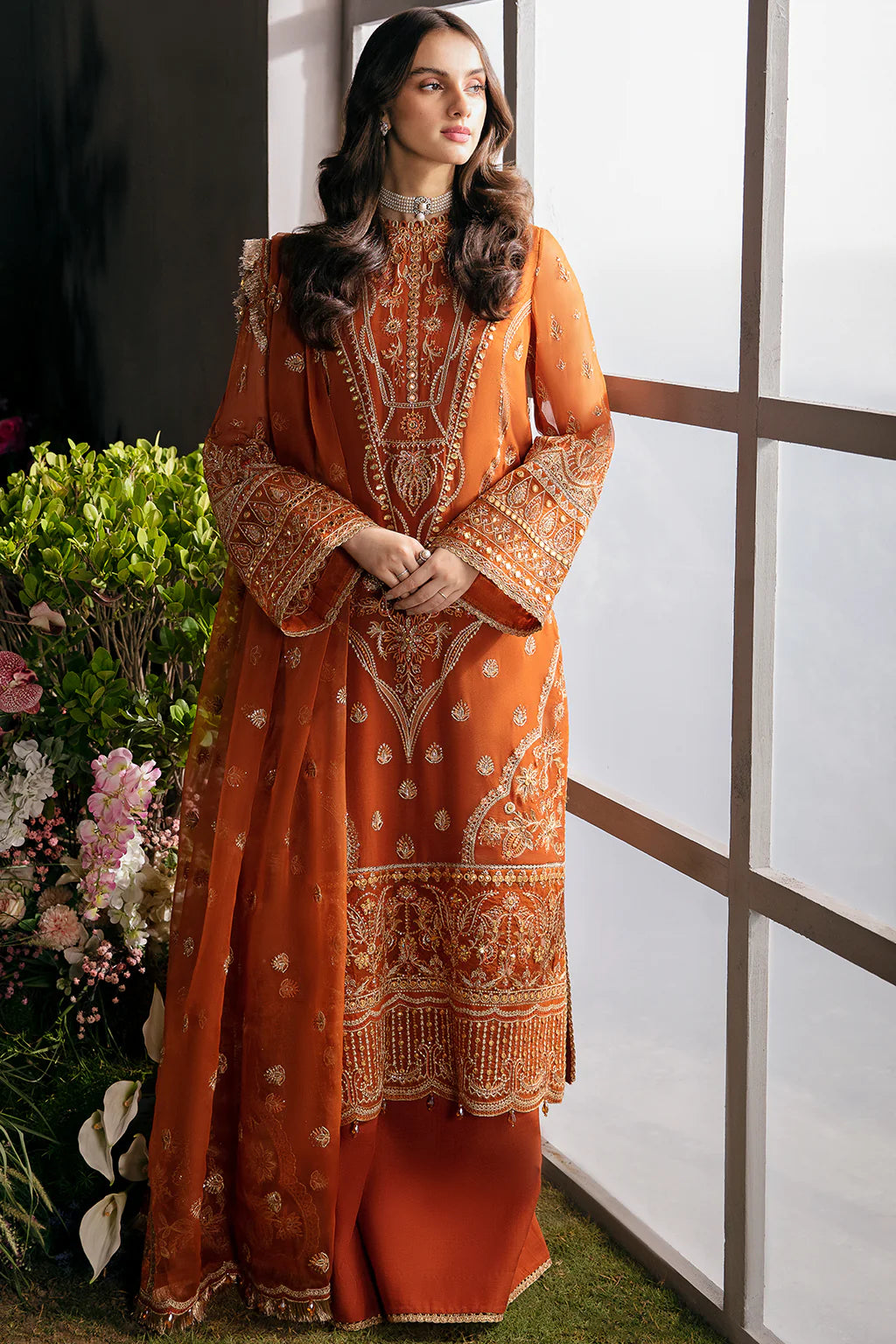 La Fuchsia By Afrozeh Unstitched 3 Piece Embroidered Chiffon Suit LFSAF23 ALF-23-V1-07 Russet - Luxury Formal Collection