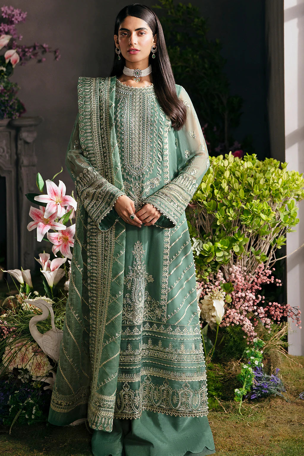 La Fuchsia By Afrozeh Unstitched 3 Piece Embroidered Chiffon Suit LFSAF23 ALF-23-V1-08 Sea Mist - Luxury Formal Collection