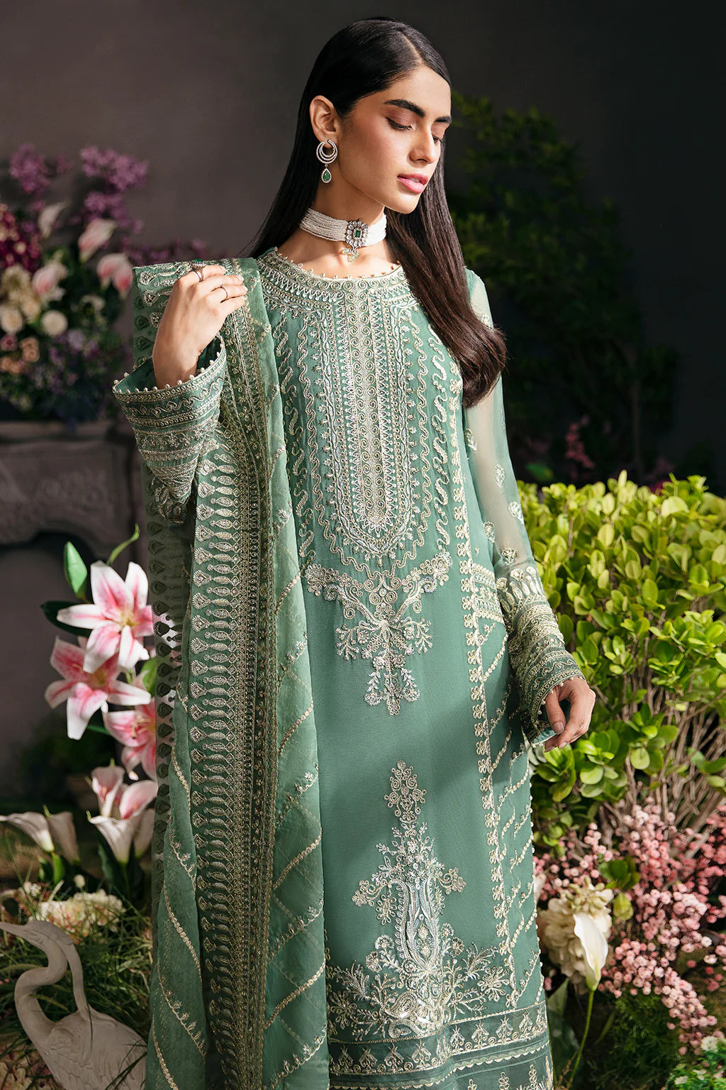 La Fuchsia By Afrozeh Unstitched 3 Piece Embroidered Chiffon Suit LFSAF23 ALF-23-V1-08 Sea Mist - Luxury Formal Collection