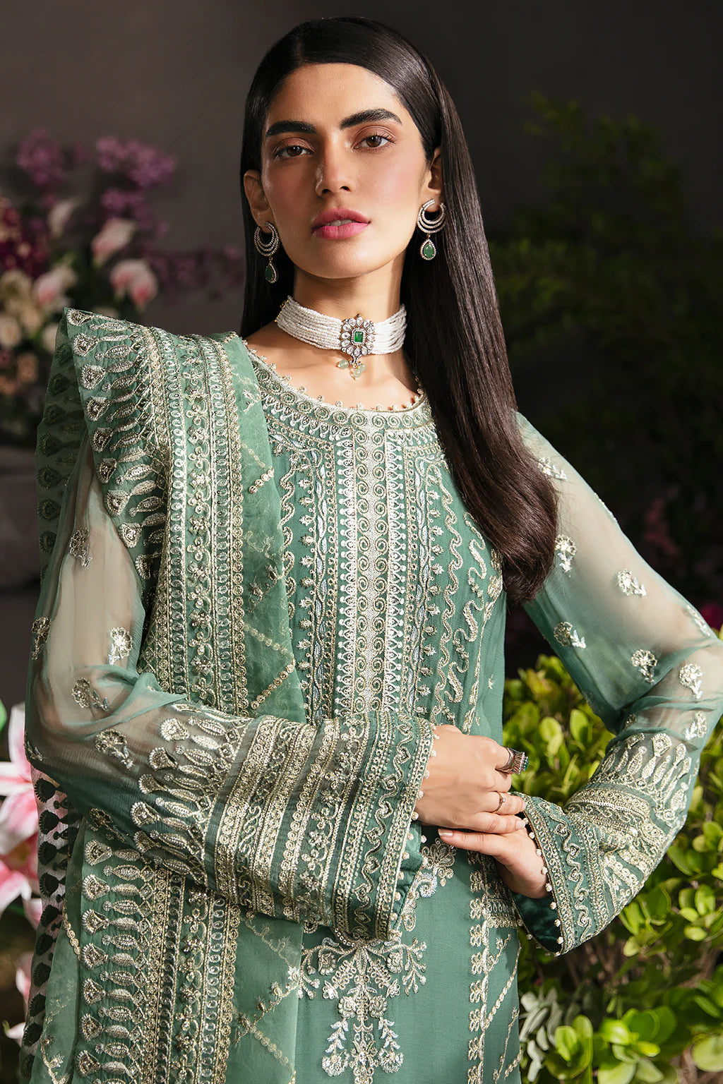 La Fuchsia By Afrozeh Unstitched 3 Piece Embroidered Chiffon Suit LFSAF23 ALF-23-V1-08 Sea Mist - Luxury Formal Collection