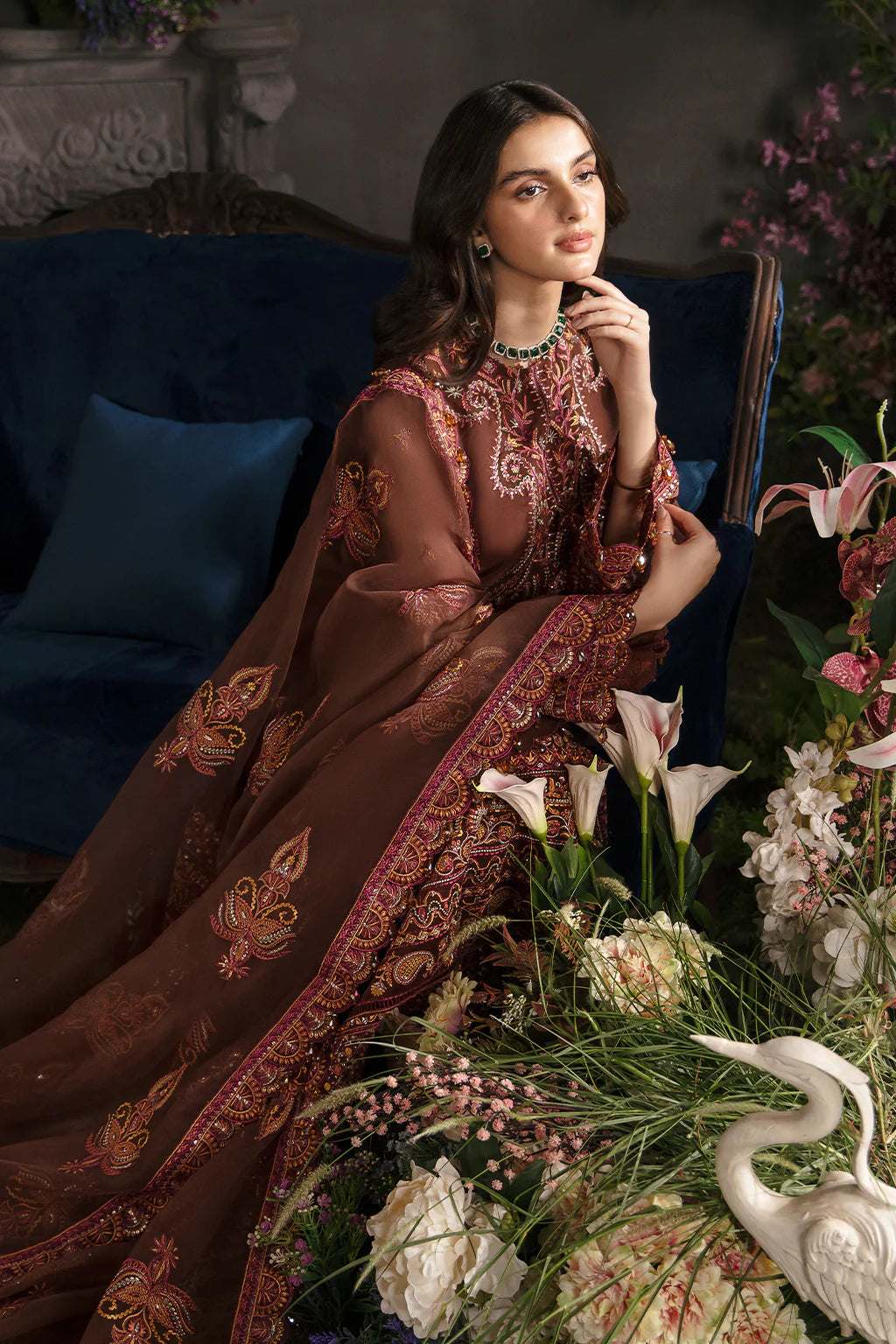 La Fuchsia By Afrozeh Unstitched 3 Piece Embroidered Chiffon Suit LFSAF23 ALF-23-V1-10 Mahogany - Luxury Formal Collection