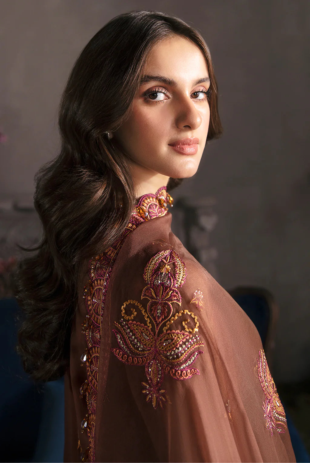 La Fuchsia By Afrozeh Unstitched 3 Piece Embroidered Chiffon Suit LFSAF23 ALF-23-V1-10 Mahogany - Luxury Formal Collection