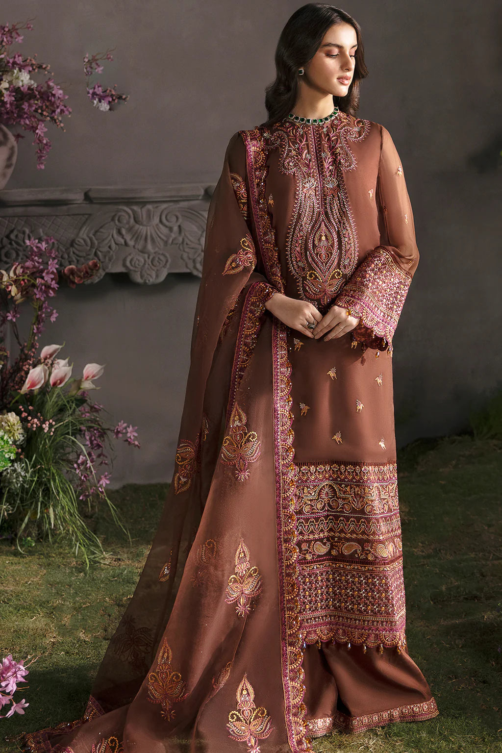 La Fuchsia By Afrozeh Unstitched 3 Piece Embroidered Chiffon Suit LFSAF23 ALF-23-V1-10 Mahogany - Luxury Formal Collection