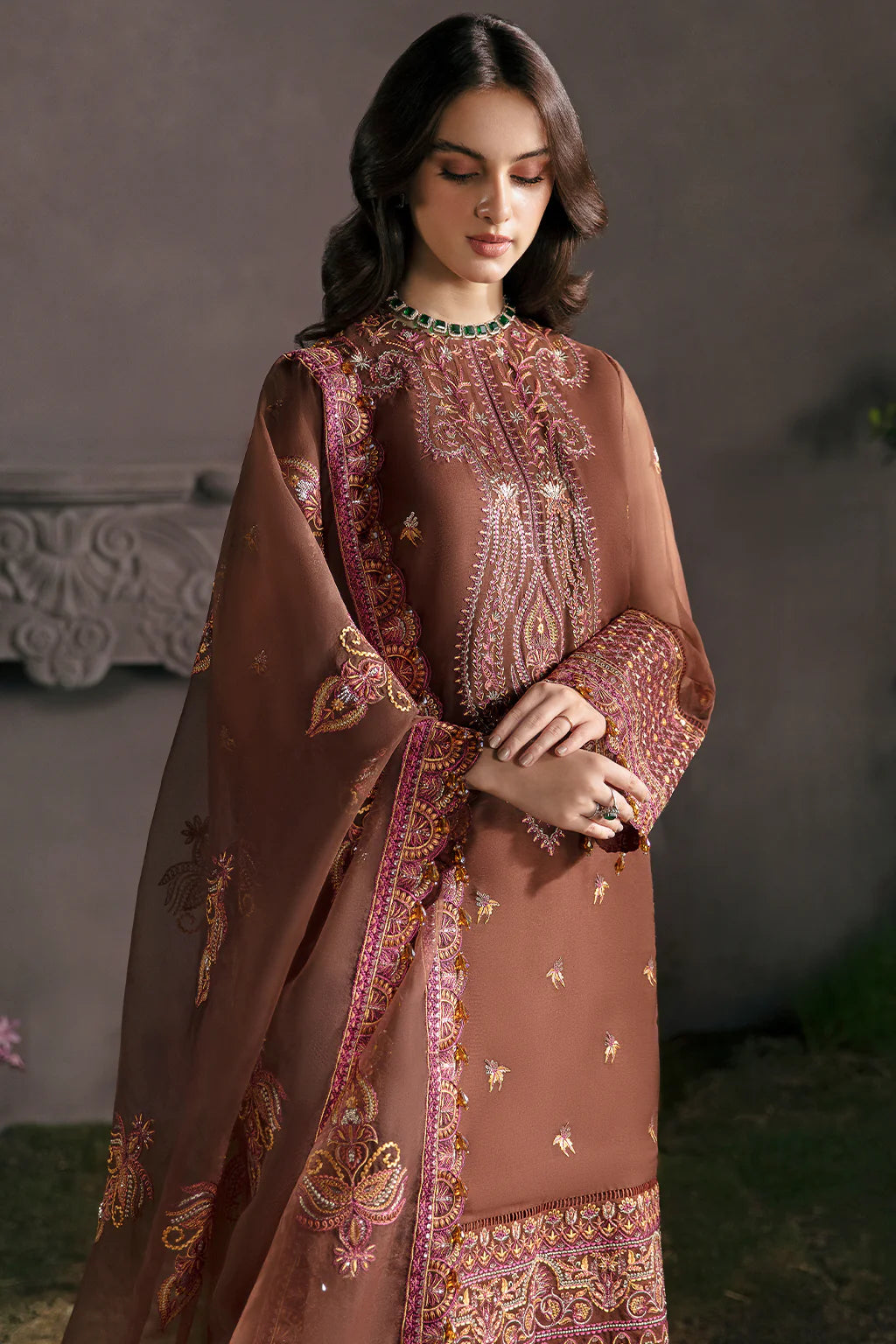 La Fuchsia By Afrozeh Unstitched 3 Piece Embroidered Chiffon Suit LFSAF23 ALF-23-V1-10 Mahogany - Luxury Formal Collection