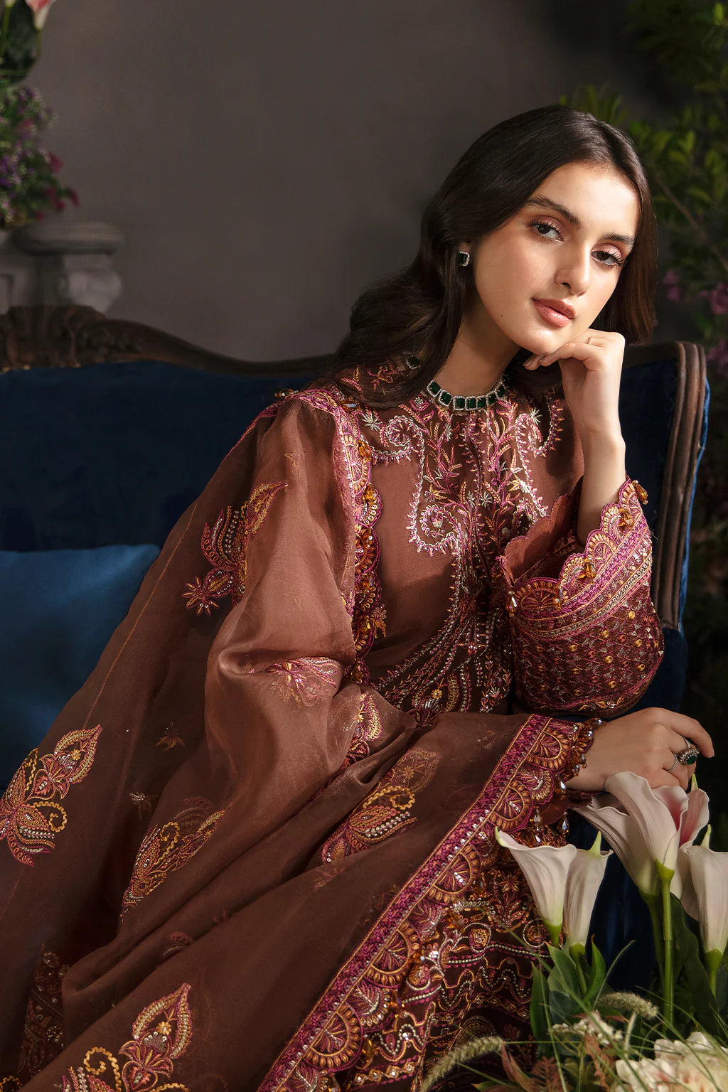 La Fuchsia By Afrozeh Unstitched 3 Piece Embroidered Chiffon Suit LFSAF23 ALF-23-V1-10 Mahogany - Luxury Formal Collection