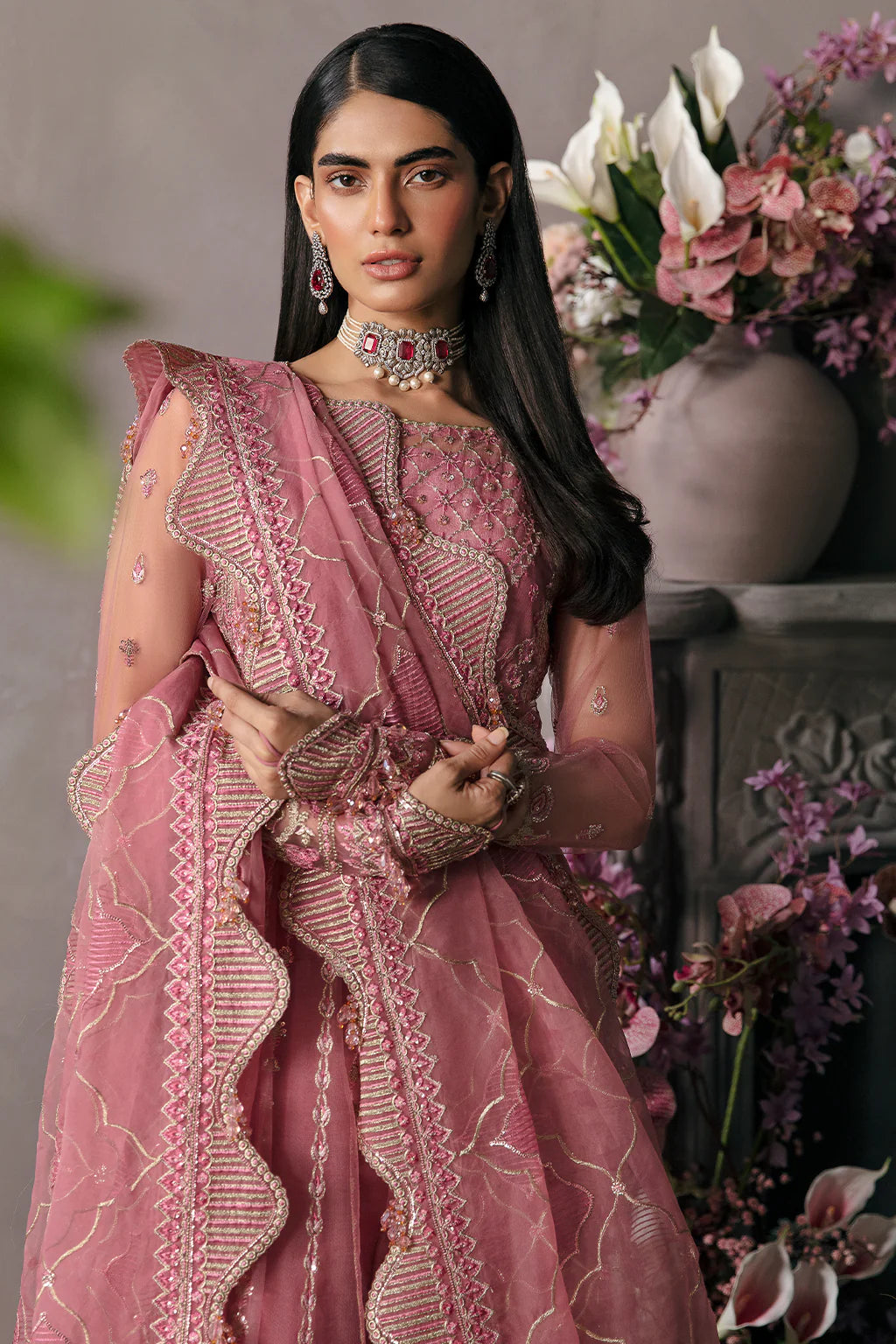 La Fuchsia By Afrozeh Unstitched 3 Piece Embroidered Net Suit LFSAF23 ALF-23-V1-01 Salmon - Luxury Formal Collection