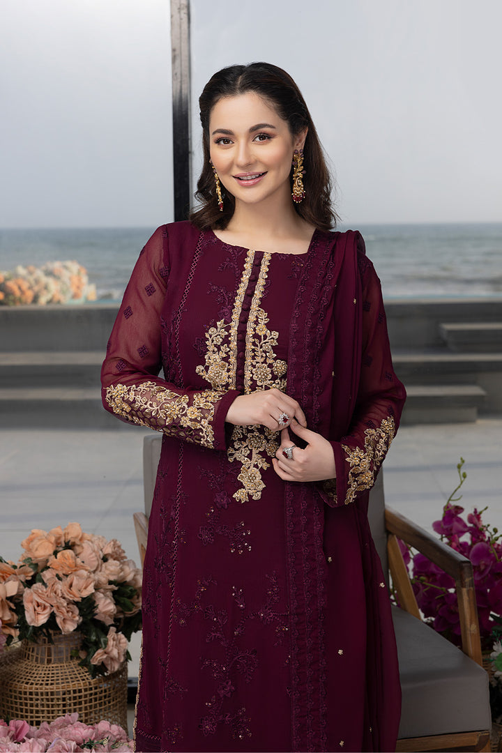 Luxe By Azure Stitched 3 Pc Embroidered Suit LA-106 Carnelian - Wedding Collection D & M COLLECTION AND NIZAMI JEWELRY