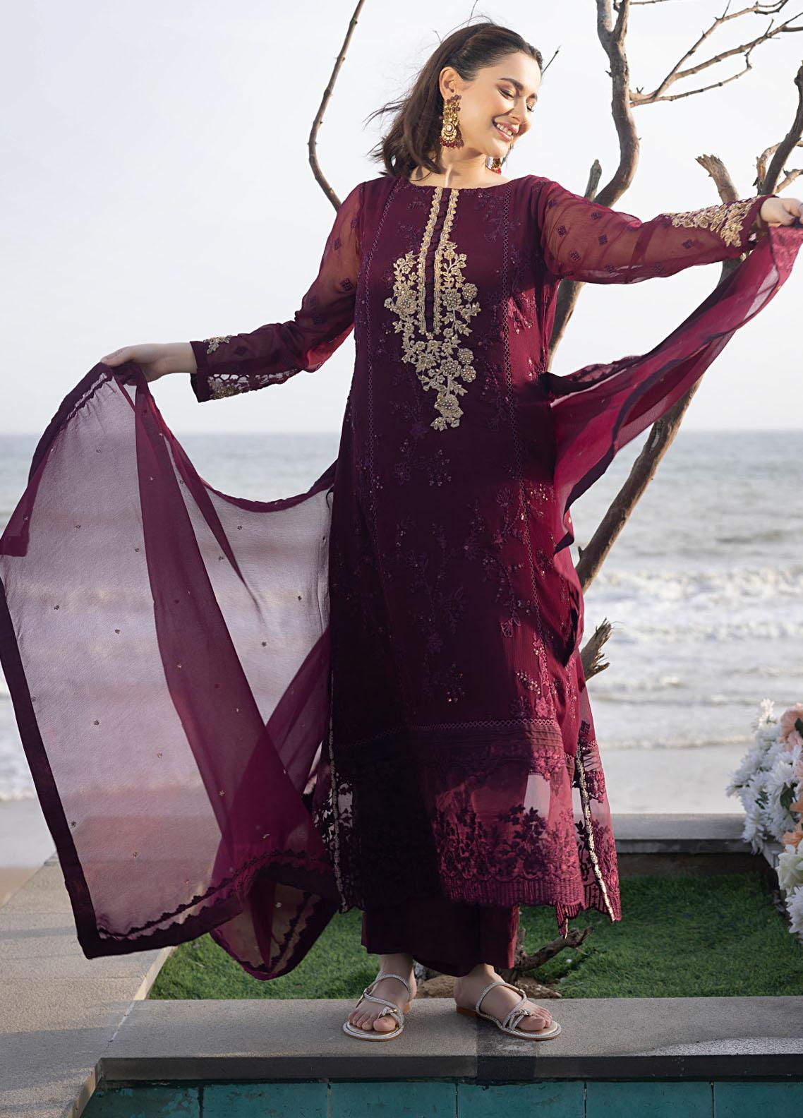 Luxe By Azure Stitched 3 Pc Embroidered Suit LA-106 Carnelian - Wedding Collection D & M COLLECTION AND NIZAMI JEWELRY