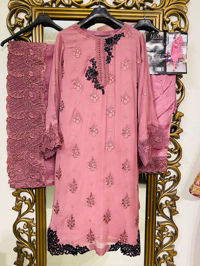 Luxe By Azure Stitched 3 Pc Embroidered Suit LA-108 Rosy Glaze - Wedding Collection D & M COLLECTION AND NIZAMI JEWELRY