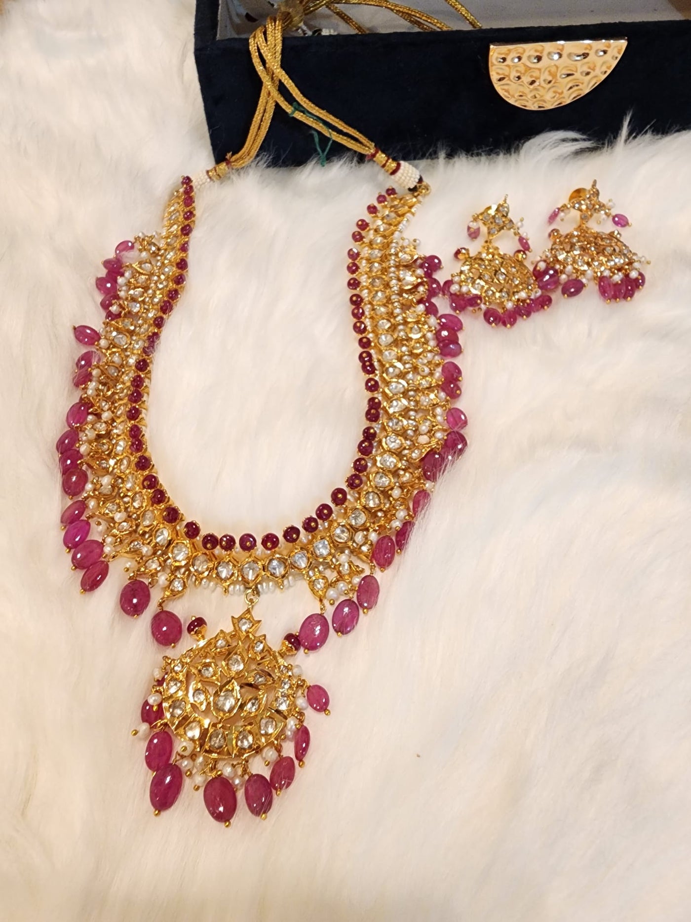 Made on 6 Carat Gold Necklace, Real Ruby and Mozinite Stones or Uncut Polki with Real Pearls S-40 D & M COLLECTION AND NIZAMI JEWELRY