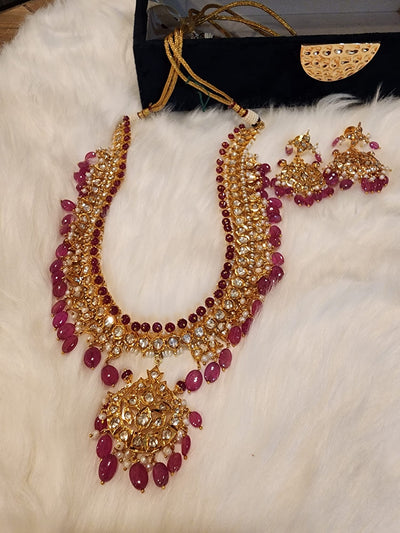 Made on 6 Carat Gold Necklace, Real Ruby and Mozinite Stones or Uncut Polki with Real Pearls S-40 D & M COLLECTION AND NIZAMI JEWELRY