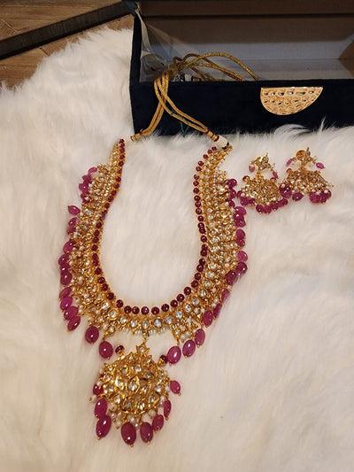 Made on 6 Carat Gold Necklace, Real Ruby and Mozinite Stones or Uncut Polki with Real Pearls S-40 D & M COLLECTION AND NIZAMI JEWELRY