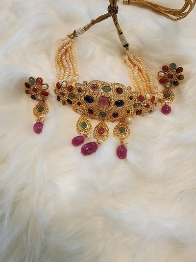 Made on 6 Carat Gold Real Nauratan with Real Ruby Aweze and Water Pearls S-09 D & M COLLECTION AND NIZAMI JEWELRY