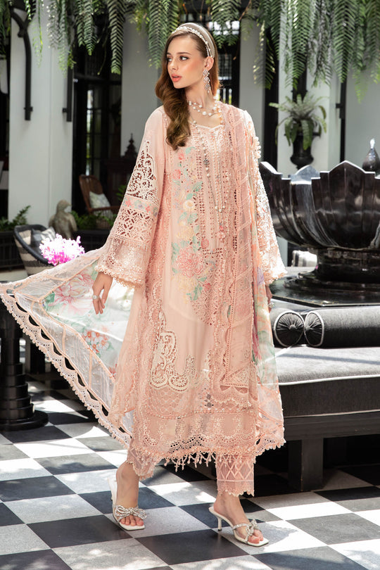 Maria B Luxury Eid Lawn Stitched 3 Piece Embroidered Suit EL-23-07-Peach - Luxury Summer Collection D & M COLLECTION AND NIZAMI JEWELRY