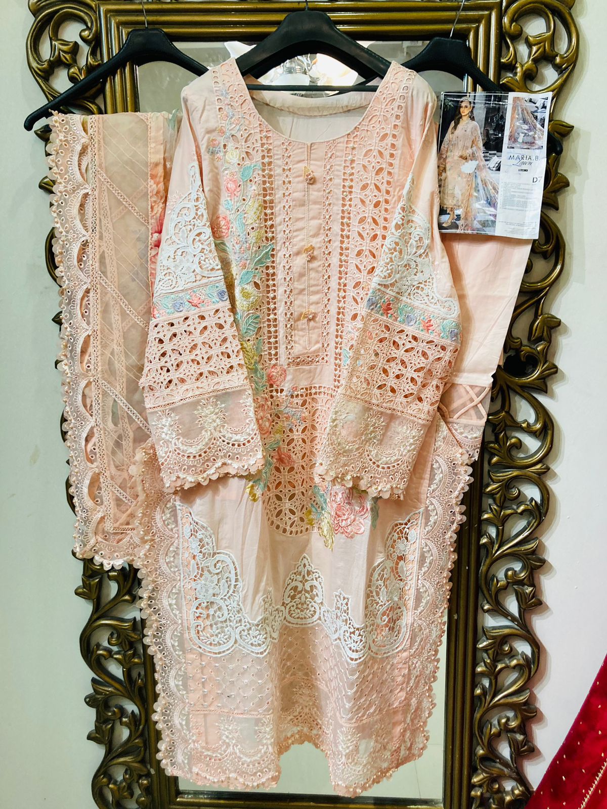 Maria B Luxury Eid Lawn Stitched 3 Piece Embroidered Suit EL-23-07-Peach - Luxury Summer Collection D & M COLLECTION AND NIZAMI JEWELRY