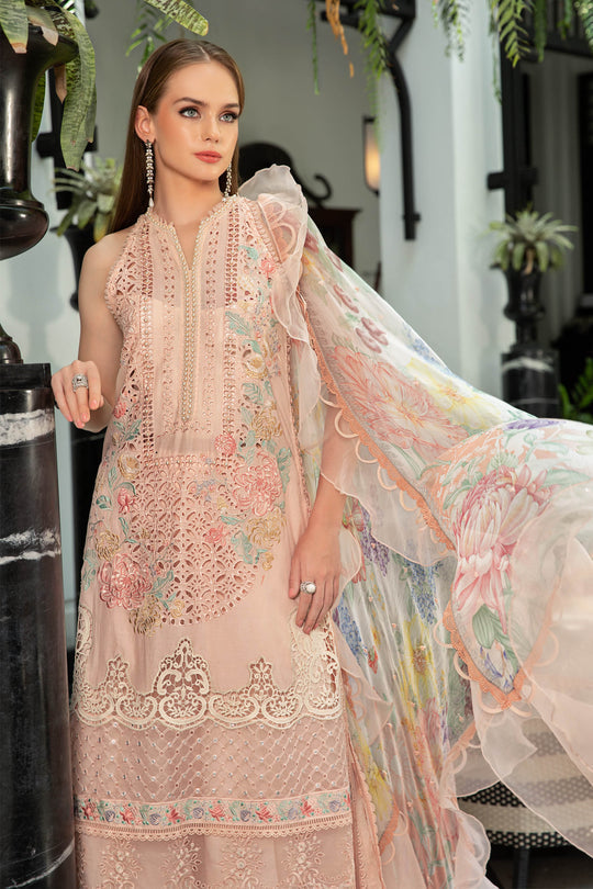 Maria B Luxury Eid Lawn Stitched 3 Piece Embroidered Suit EL-23-07-Peach - Luxury Summer Collection D & M COLLECTION AND NIZAMI JEWELRY