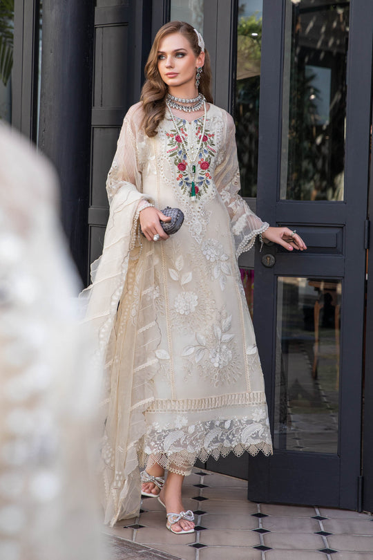 Maria B Luxury Eid Lawn Unstitched 3 Piece Embroidered Suit EL-23-01-Cream - Luxury Summer Collection D & M COLLECTION AND NIZAMI JEWELRY