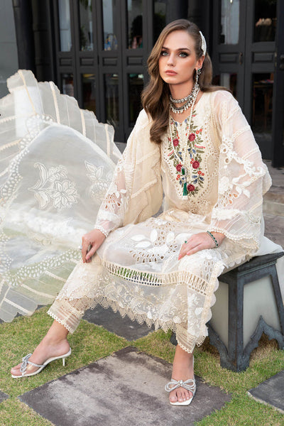 Maria B Luxury Eid Lawn Unstitched 3 Piece Embroidered Suit EL-23-01-Cream - Luxury Summer Collection D & M COLLECTION AND NIZAMI JEWELRY